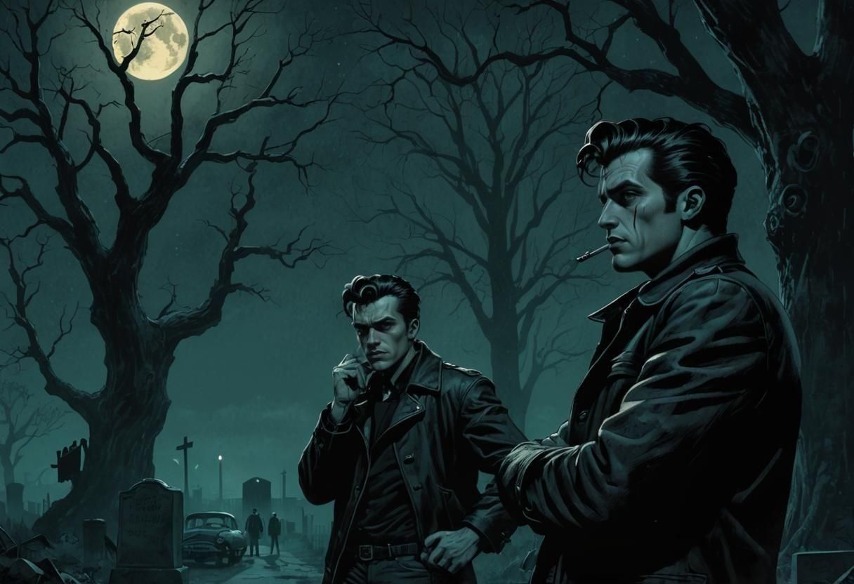 Greasers in Graveyard with 1955 Chevy, Comic Book Art