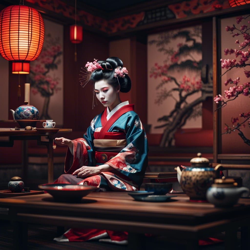 Geisha Tea Ceremony in Japanese Room, 8K