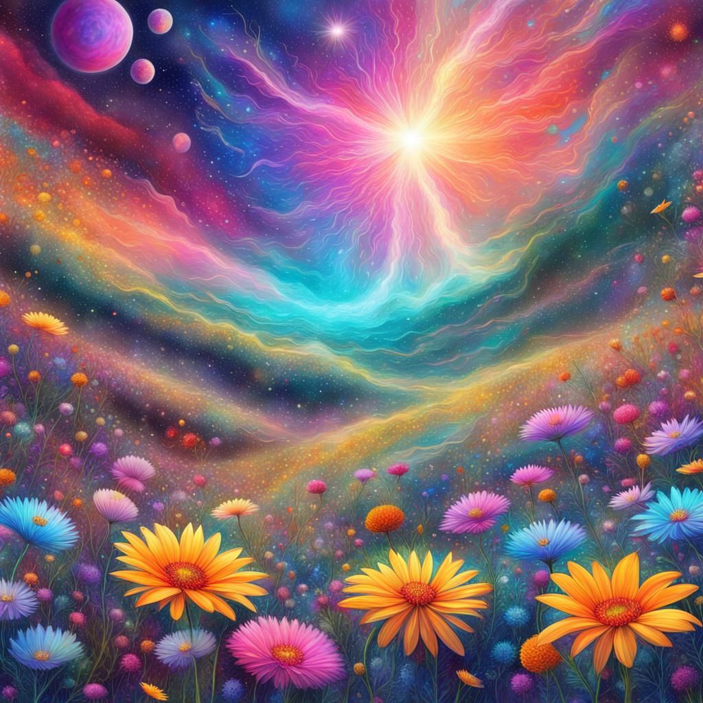 Cosmic Flower Meadow: Holographic Astral Illustration