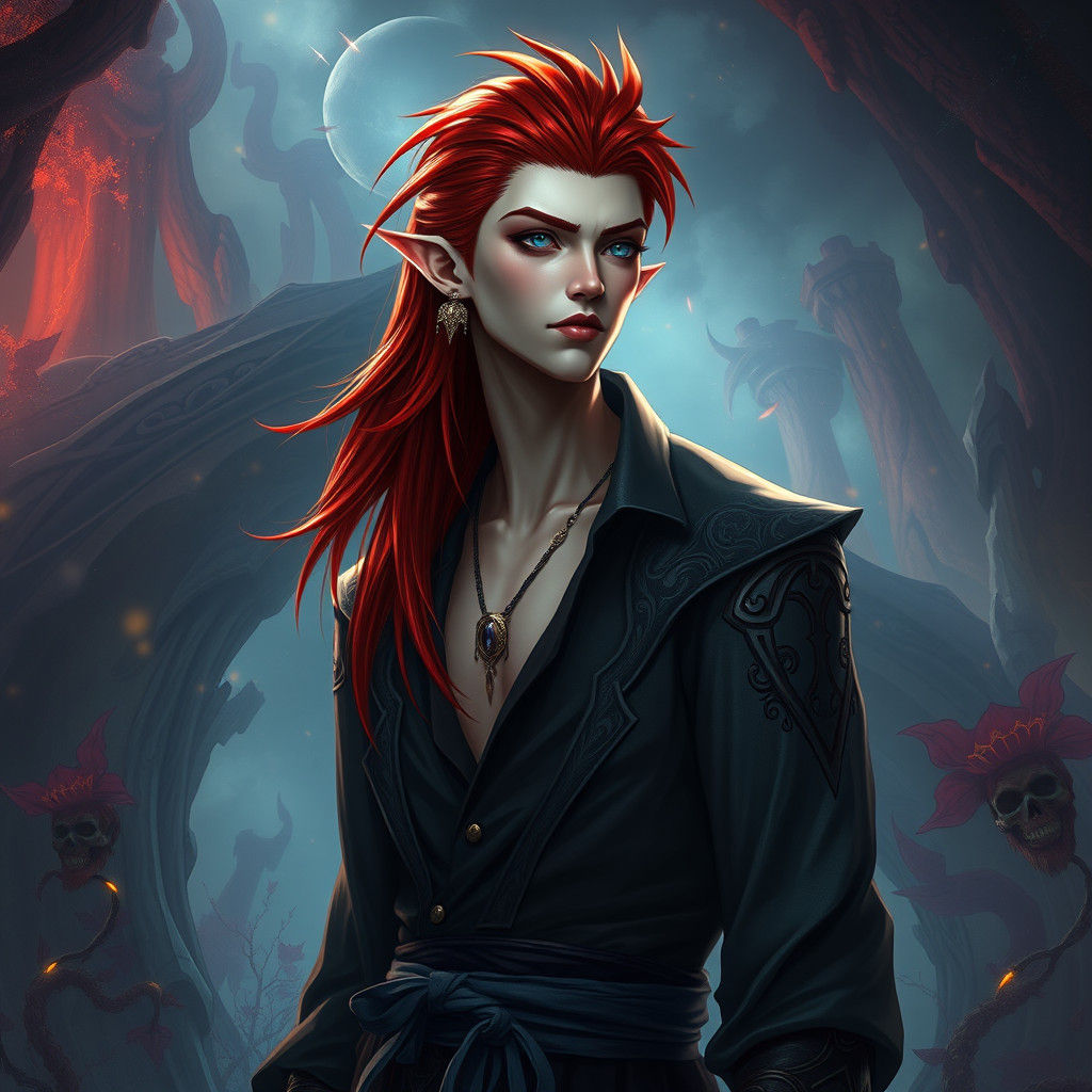 Mystical Redhead with Fang Earring in Dreamlike Scene