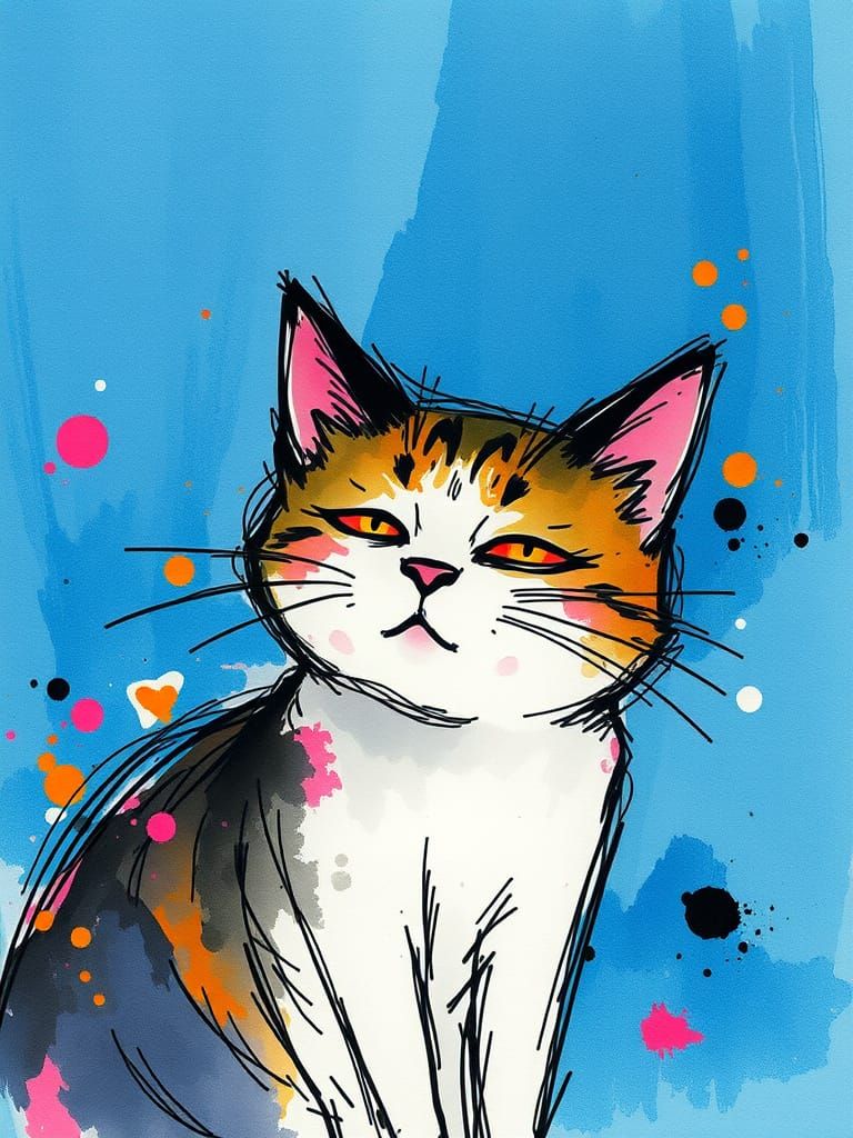 Whimsical Cat in Sketchy, Expressive Mixed Media