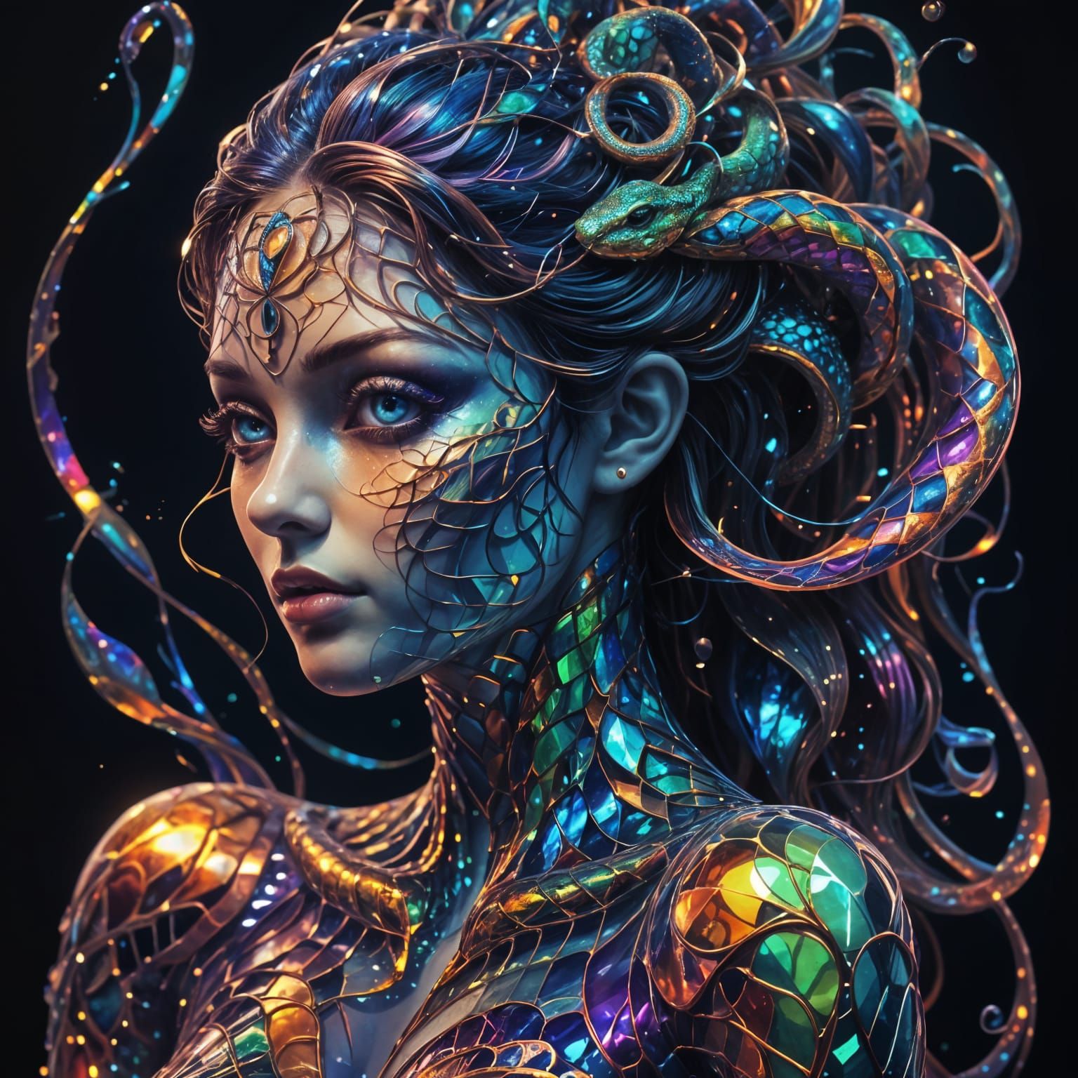 Surreal Snake Goddess Shines with Holographic Colors