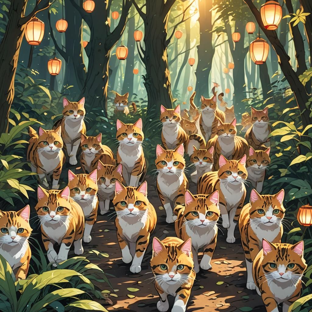 Anime Cat Army Marches Through Fantasy Forest