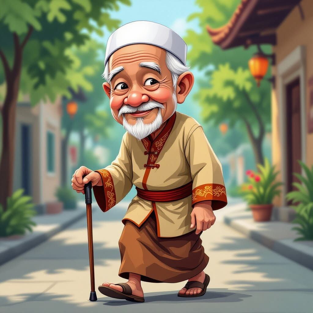 Elderly Malay Man Caricature in Cartoon Style