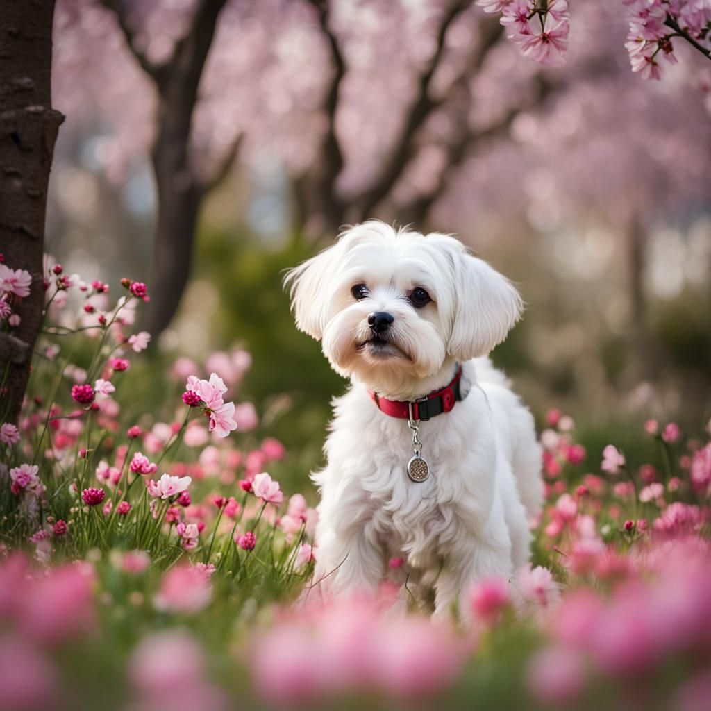 Maltese Dog in Spring Flowers, Professional Photography