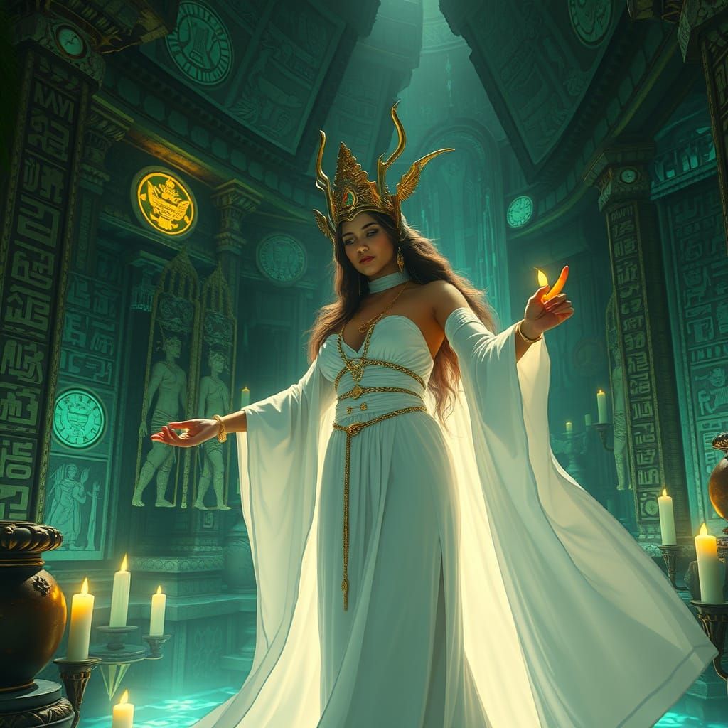 Bioluminescent Jungle Temple Ritual in Art Nouveau Style