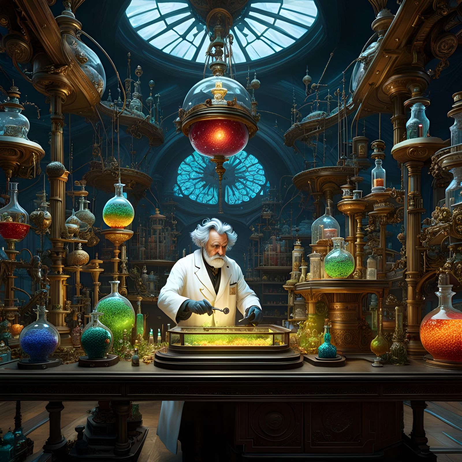 Ornate Mad Scientist Experimenting in Elaborate Lab