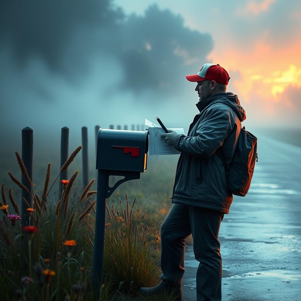 Postman Delivers Mail on Misty Country Road