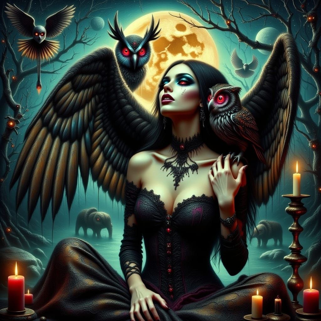 Gothic Witch Performs Dark Ritual Under Moonlight