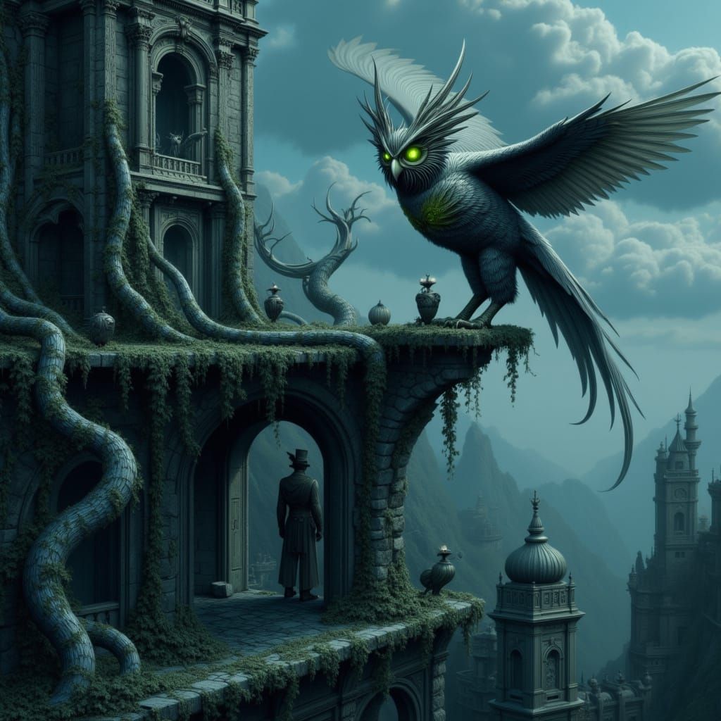 Clockwork Owl on Gothic Tower in Dark Fantasy Style