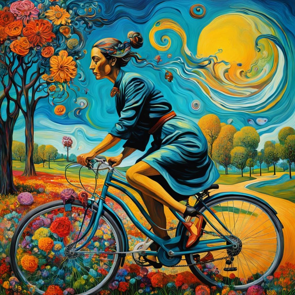 Dreamlike Woman on Bicycle in Vibrant Park