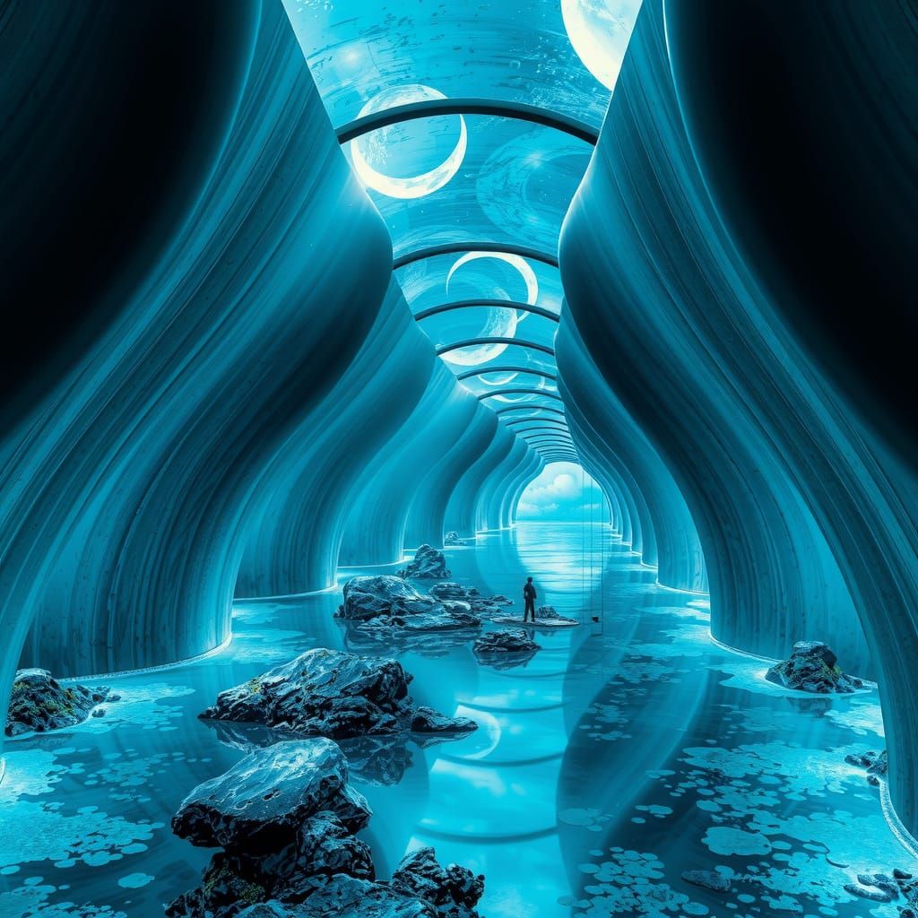 Serene Underground Aquarium in Ink Wash Style