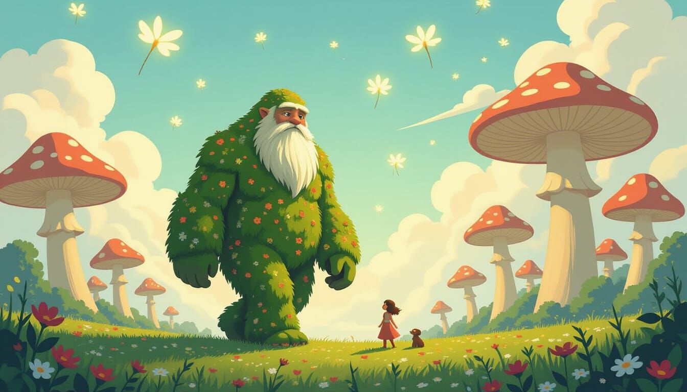 Gentle Giant Amidst Giant Flora and Fireflies