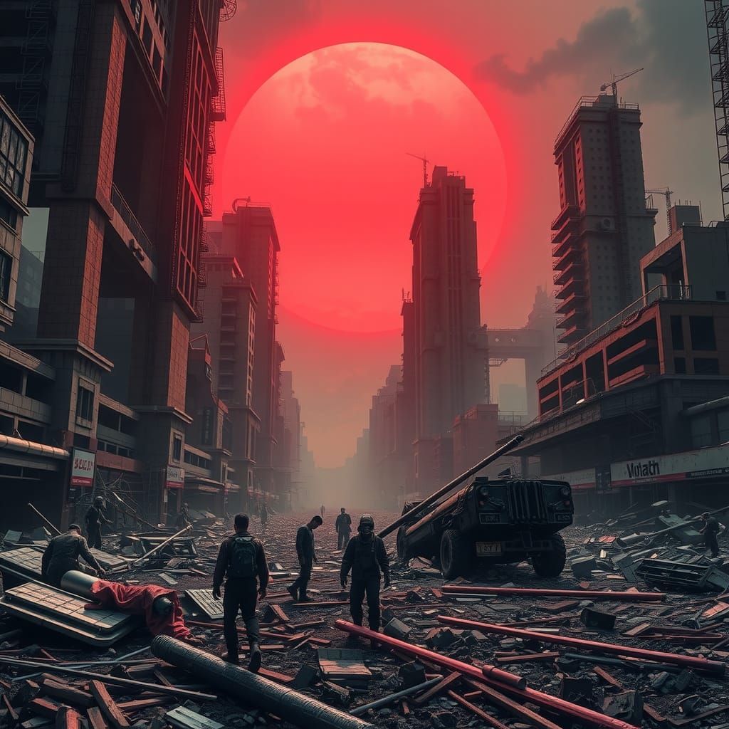 Apocalyptic City Ruins with Red Sun