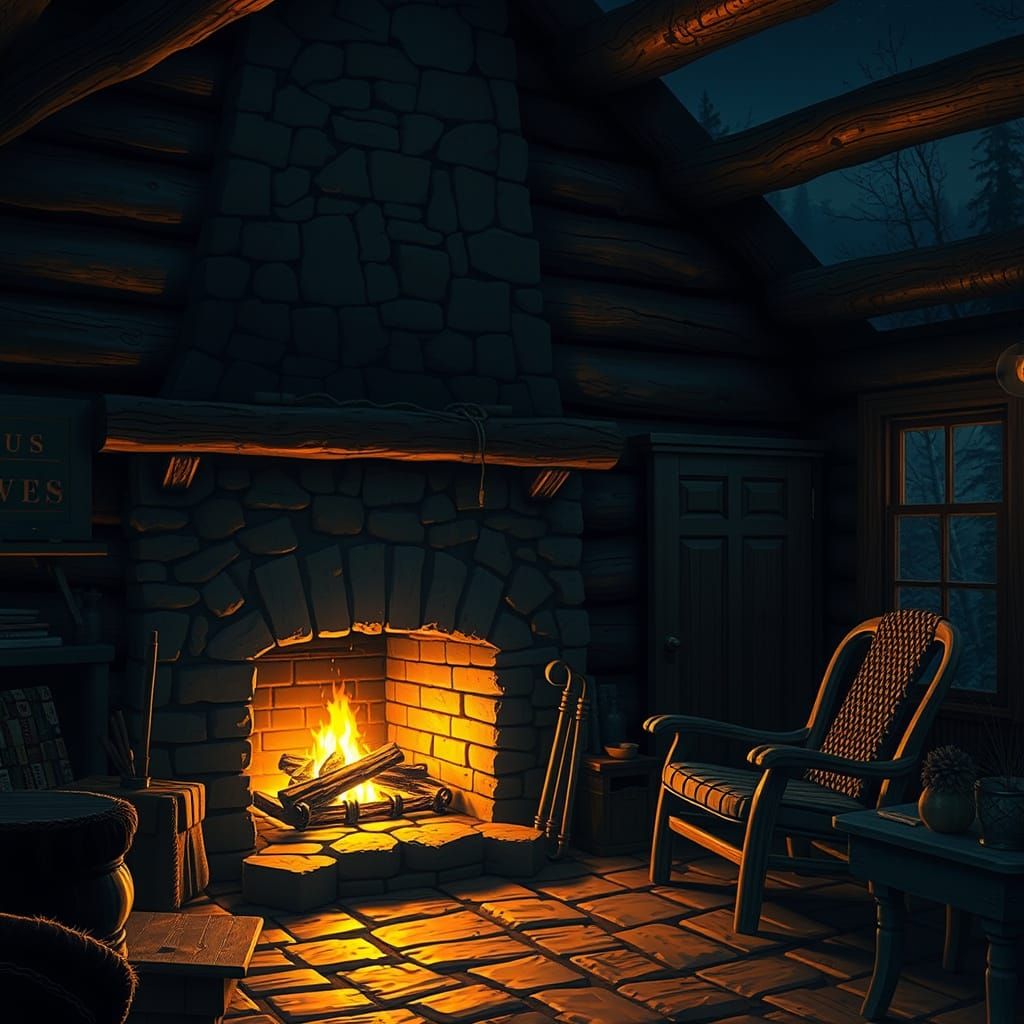 Cozy Cabin Interior with Fireplace, Luminist Style