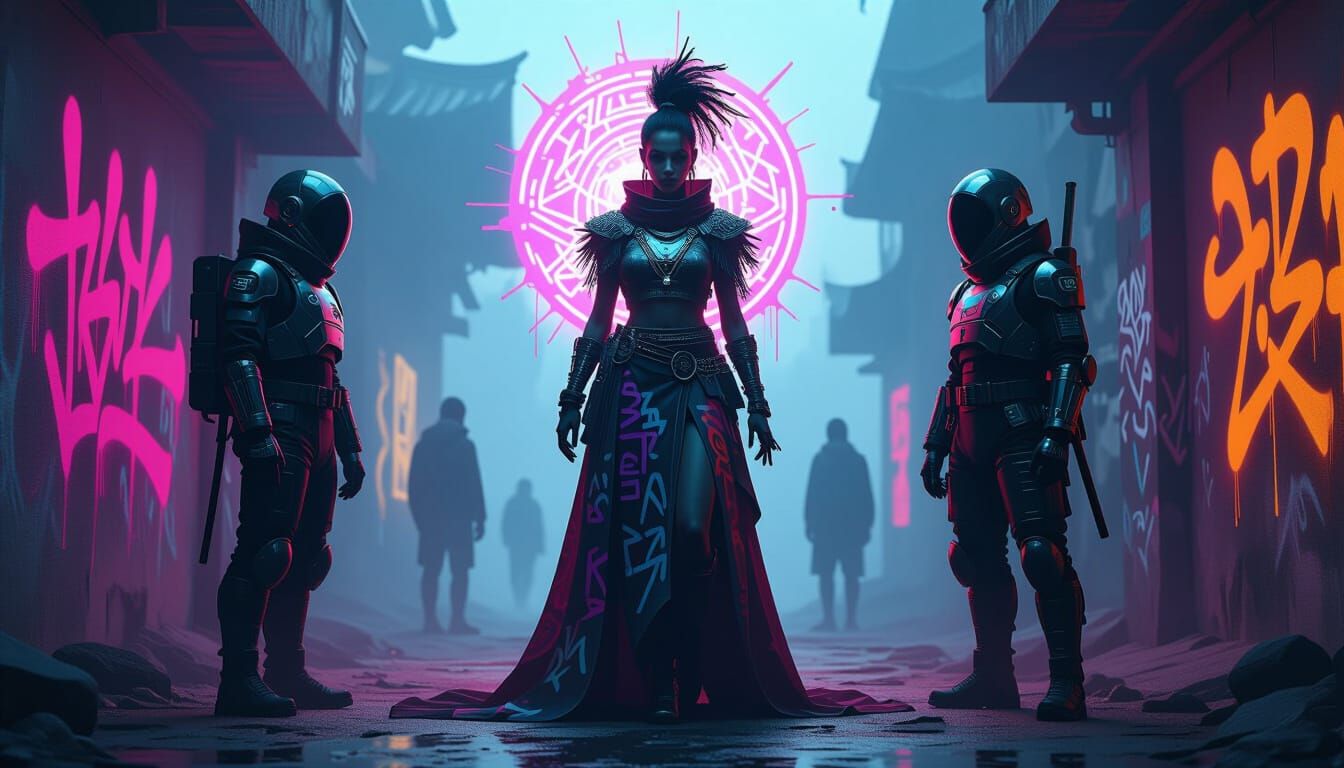 Metaphysical Agent Mid-Transformation in Cyberpunk Style