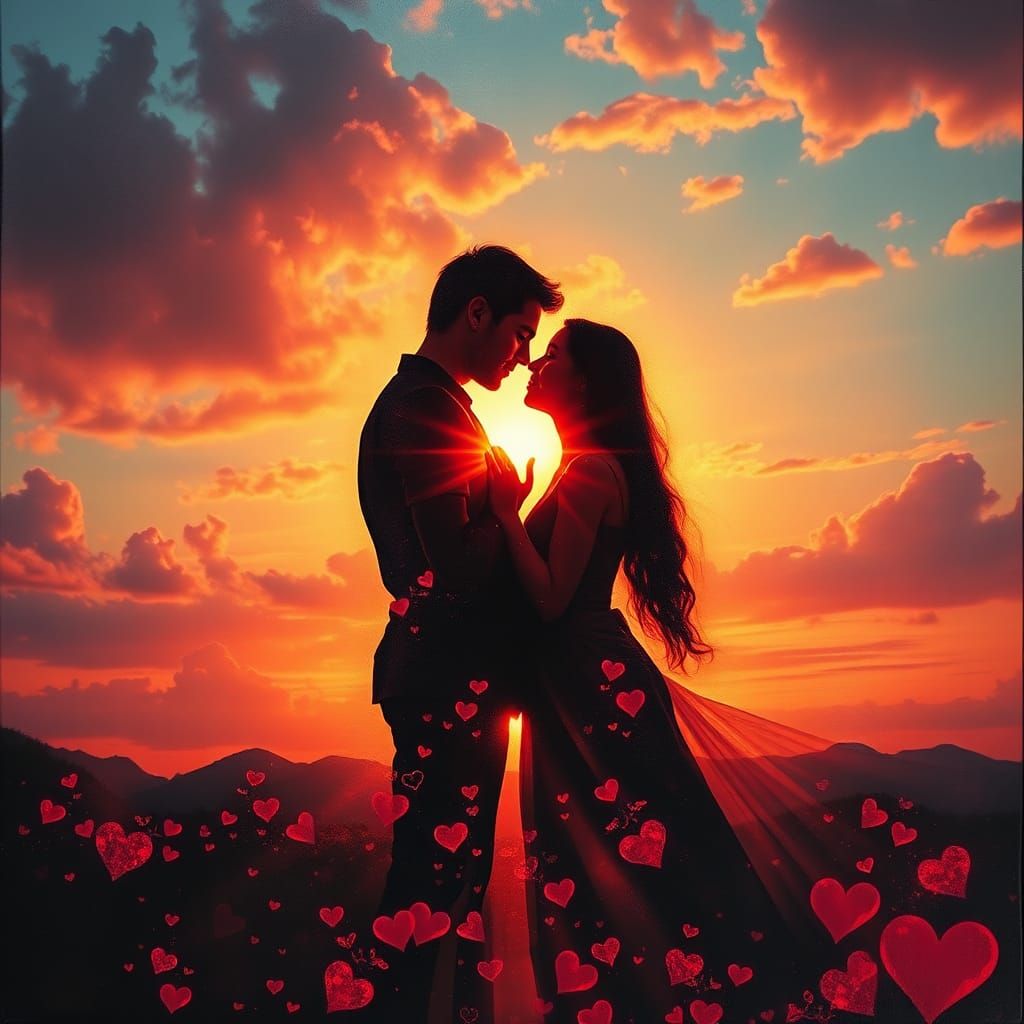 Lovers' Sunset: Double Exposure Oil Painting