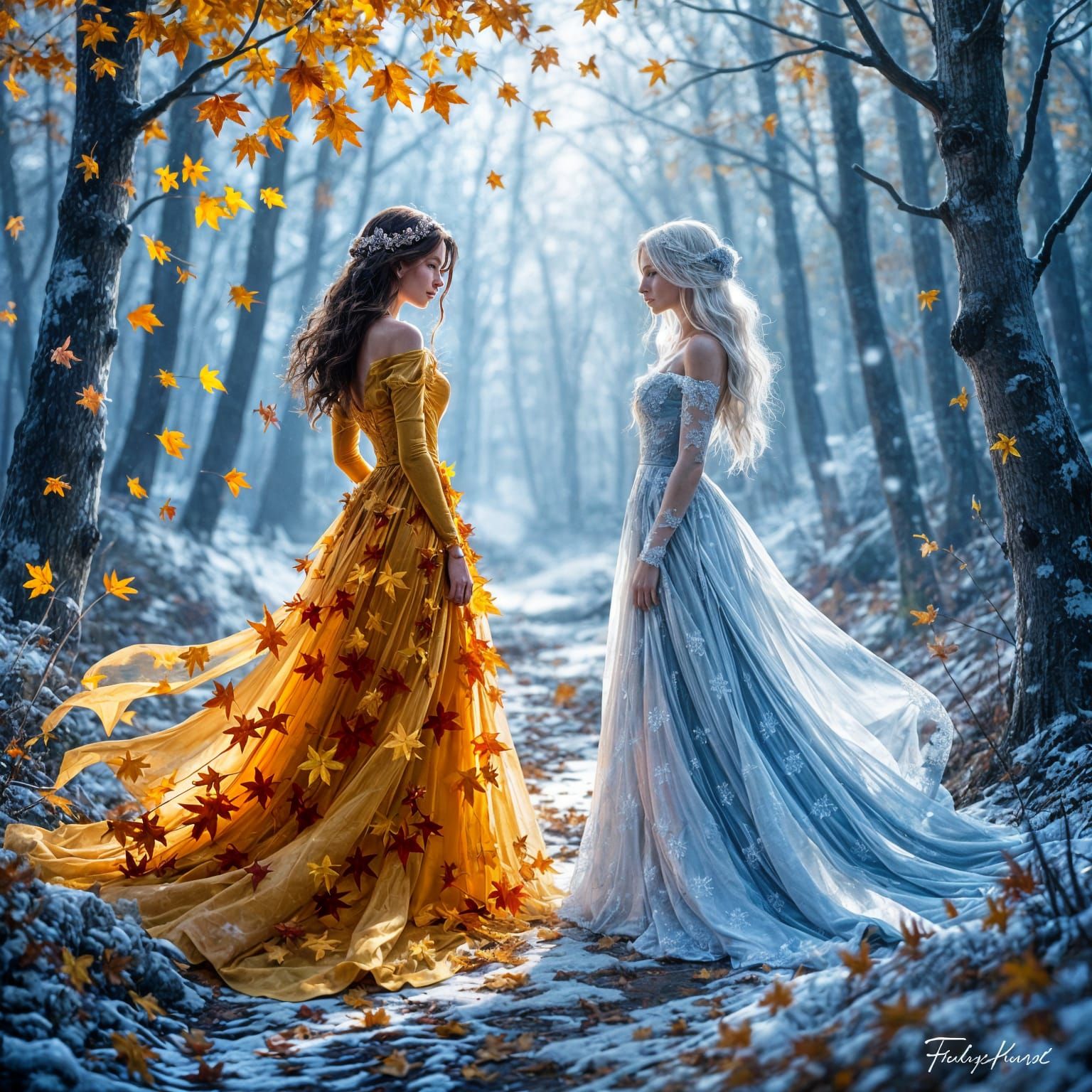 Autumn & Winter Goddesses Meet in Misty Forest