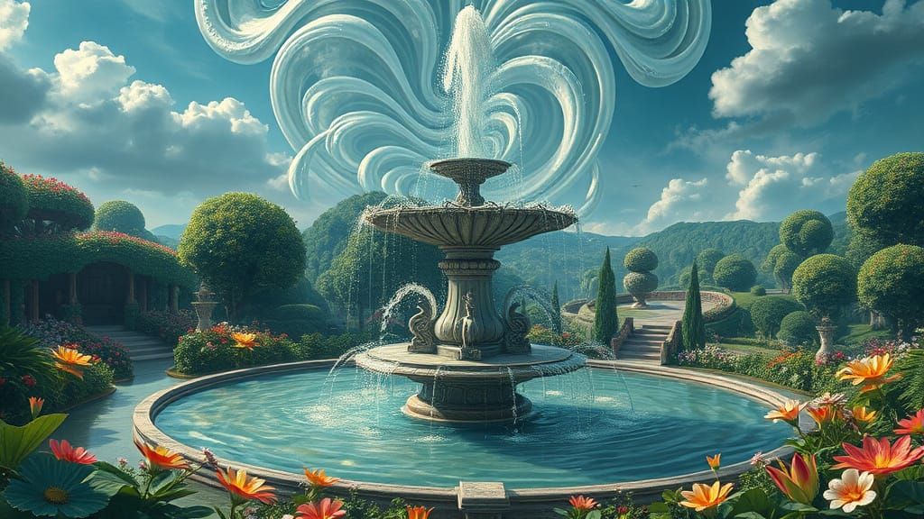 Surreal Fountain in Dreamscape Garden, Hyperrealistic Style