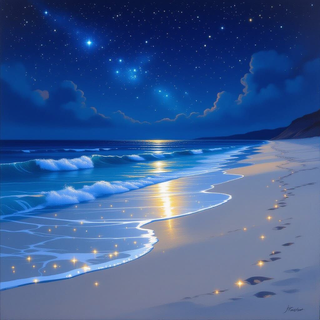 Dreamlike Beach at Night: Surrealist Starry Sky