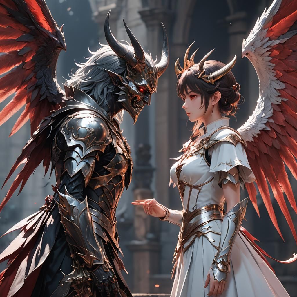Angel and Devil Stare-off in Anime Style