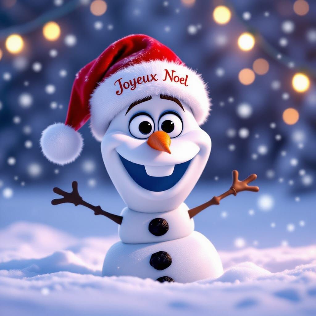 Olaf's Happy Face in Cozy Santa Hat, Frozen Snow Scene