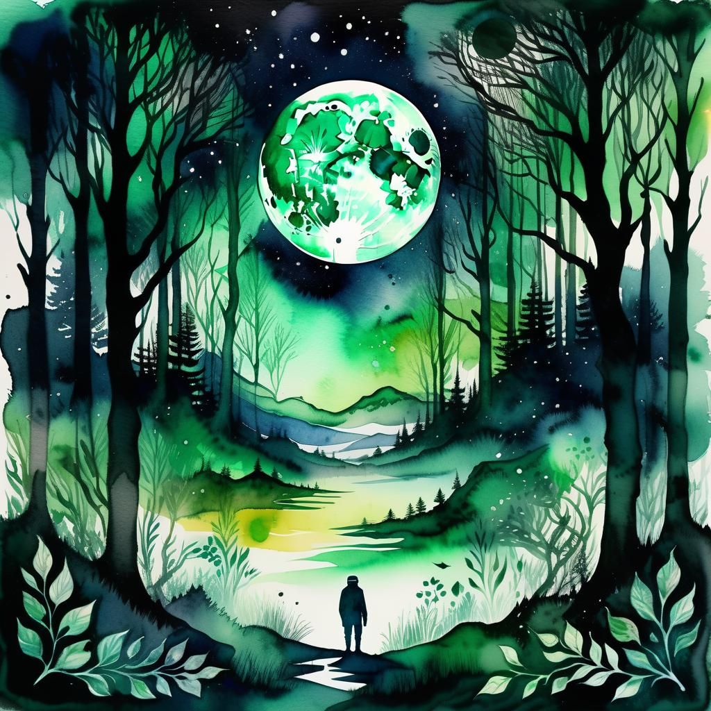 Eerie Space Portrait in Watercolor Forest