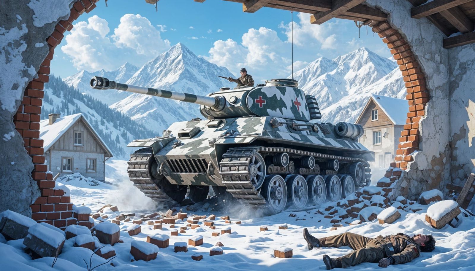 WWII Tiger Tank Crushes House in Snowy Mountain Landscape