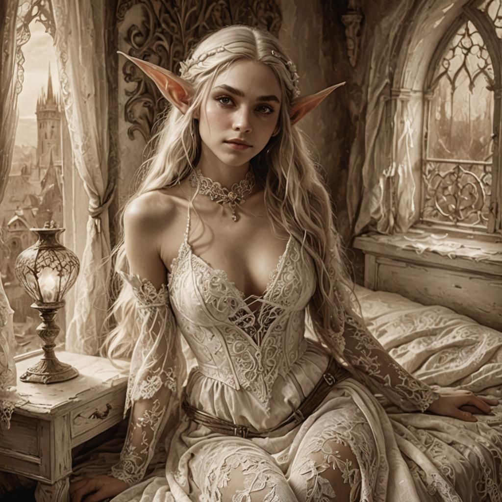 Monochrome Sepia Elf Portrait in Mixed Media