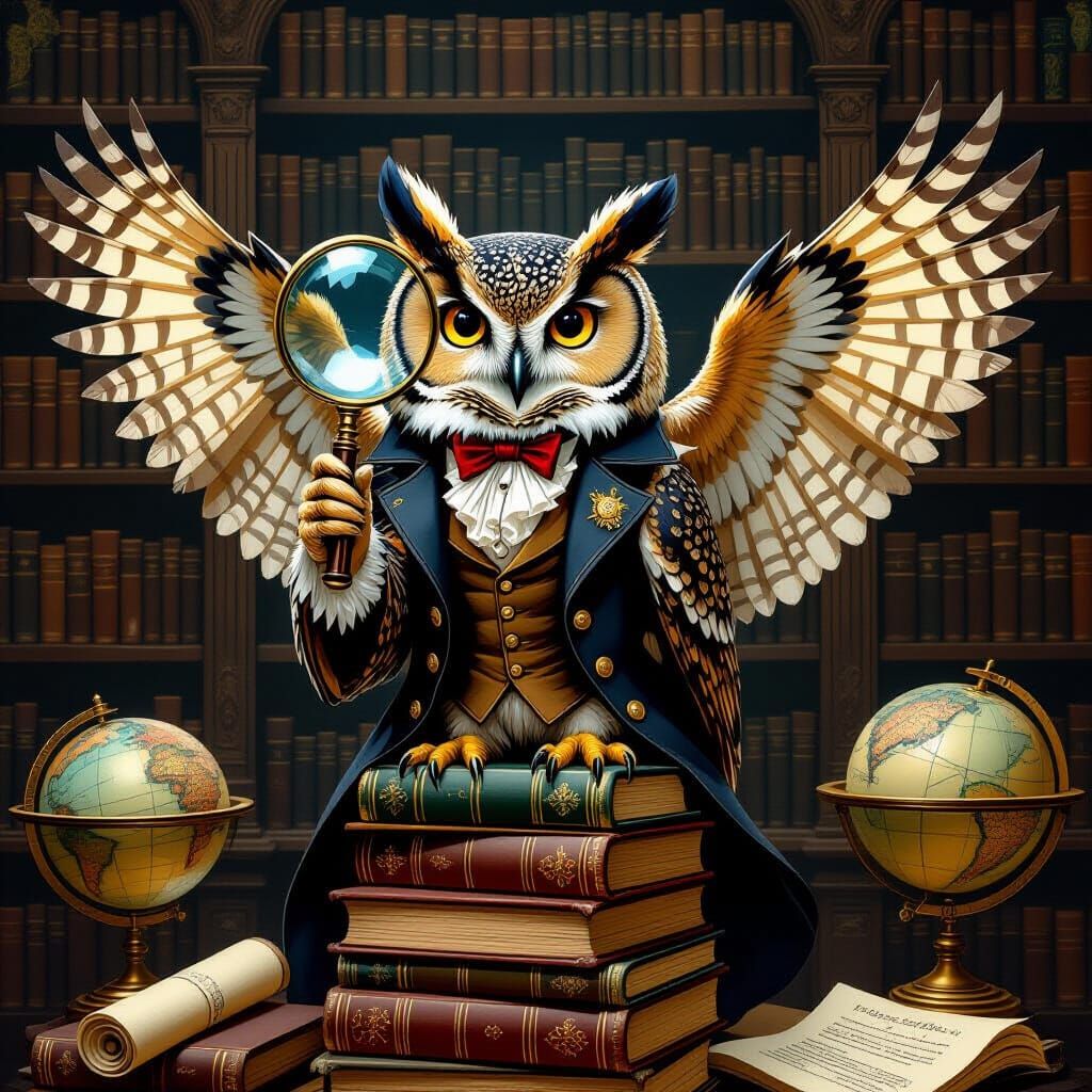 Victorian Owl Detective in a Whimsical Library