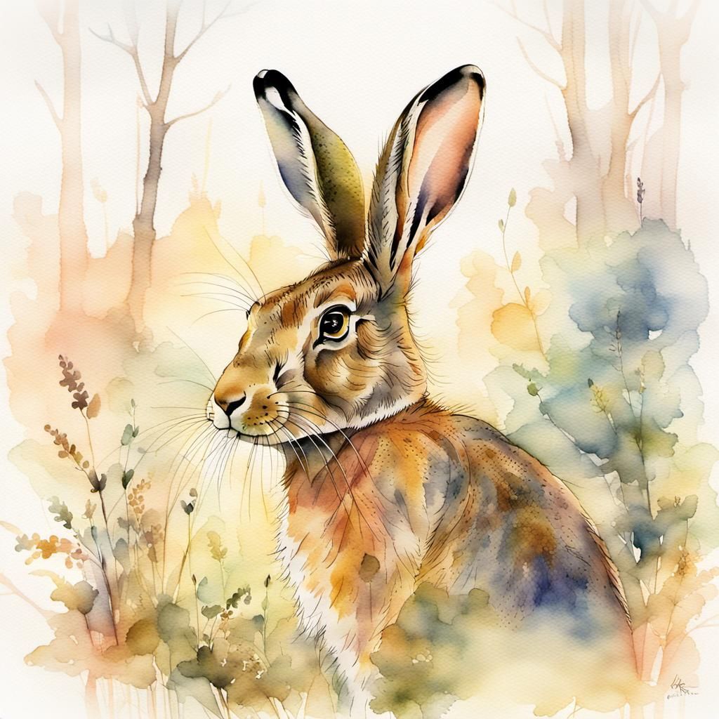 Dreamy Watercolour Hare Portrait in Forest Clearing
