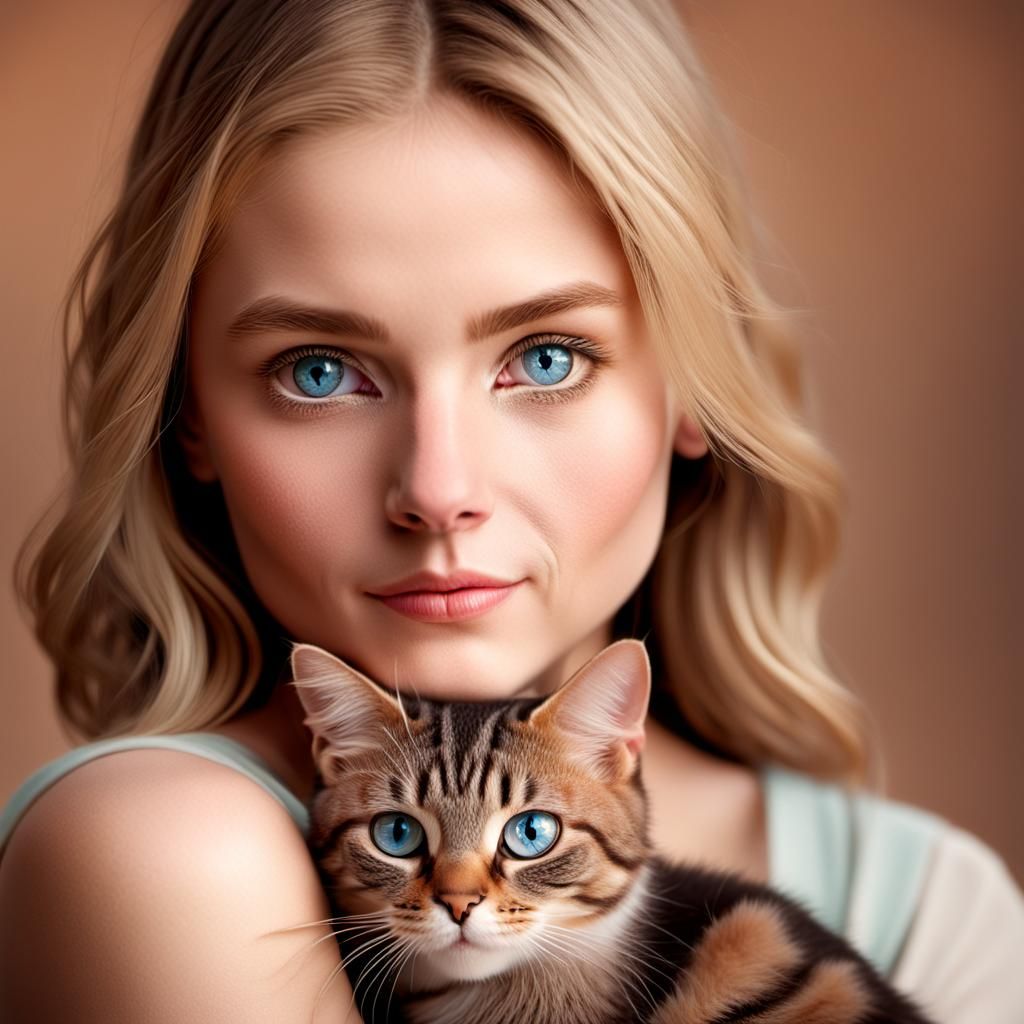 Woman with Blue Eyes Holding Cat: Photorealistic Portrait