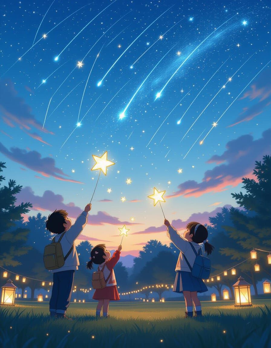 Children Release Star Kites Under Meteor Shower Sky