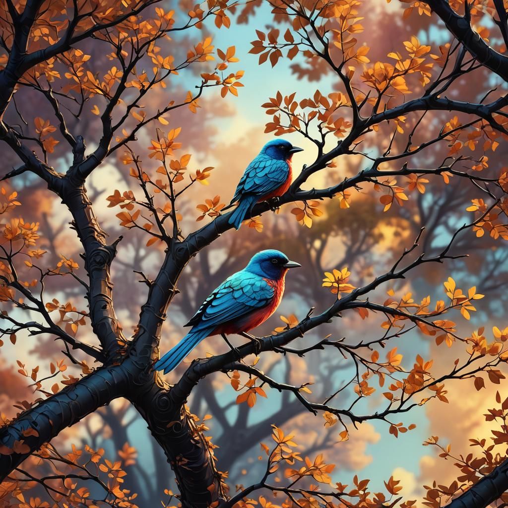 Bird on Fractal Tree, Digital Fantasy Art