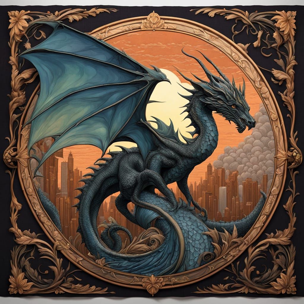 Majestic Dragon Embroidered in Digital Art Nouveau Tapestry