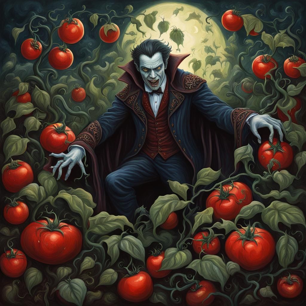 Vampire Among Tomato Plants: Detailed Fantasy Painting