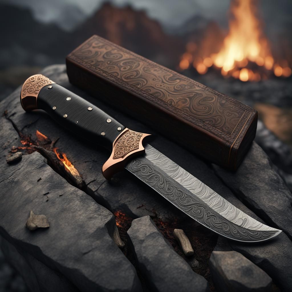 Damascus Steel Hunting Knife with Campfire