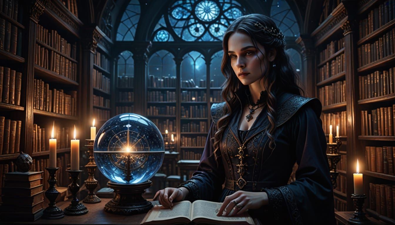 Mysterious Woman in Gothic Alchemical Library