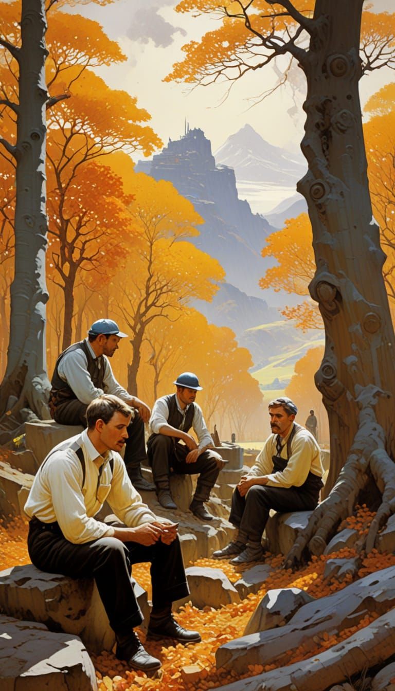 Workers in Autumn Landscape, Highly Detailed Oil Painting