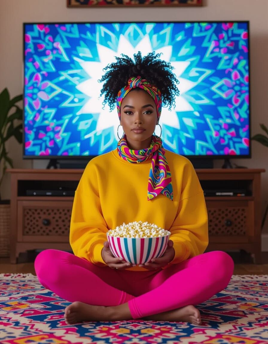 Woman Watching TV in Eclectic, Whimsical Style