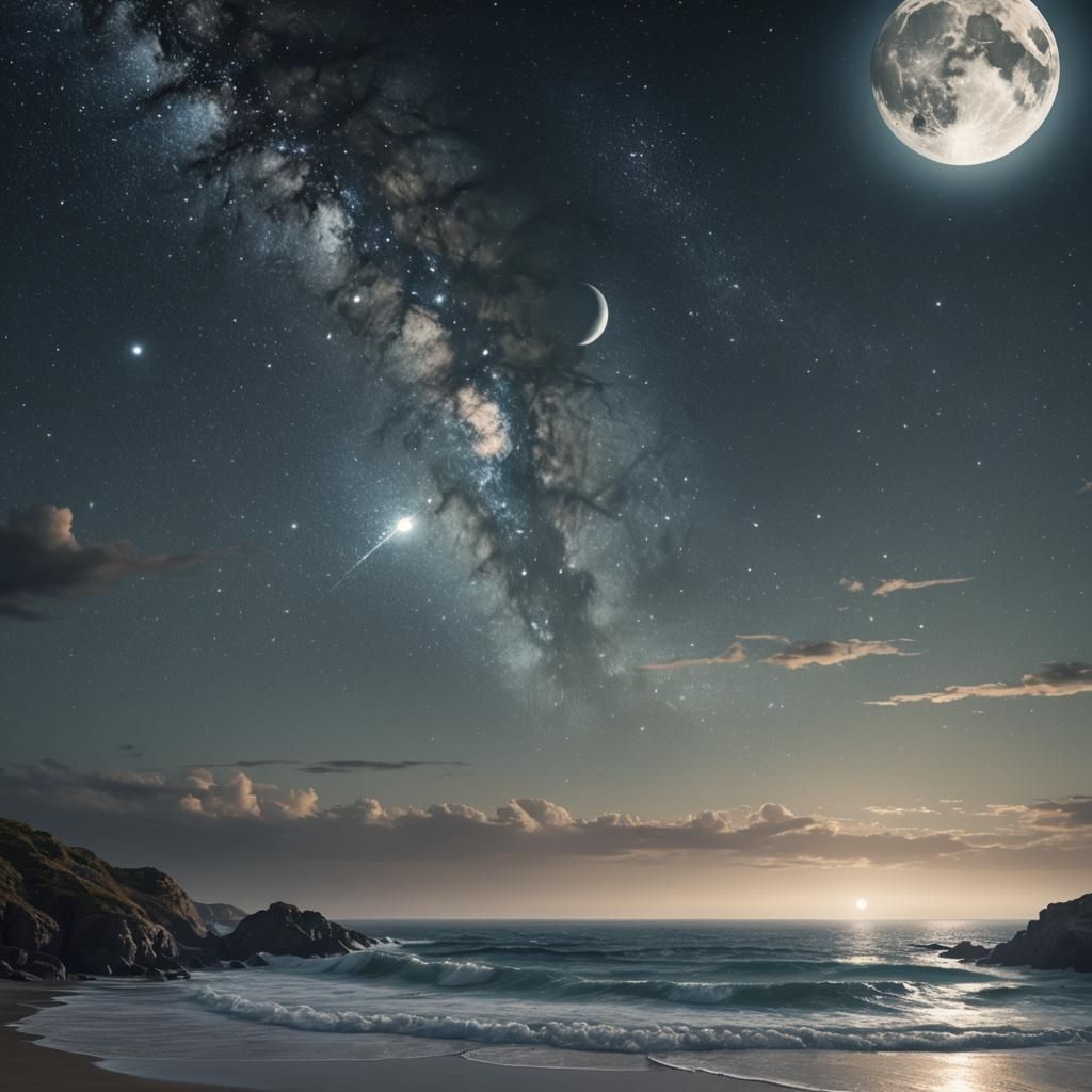 Mysterious Ocean Under Full Moon Milky Way
