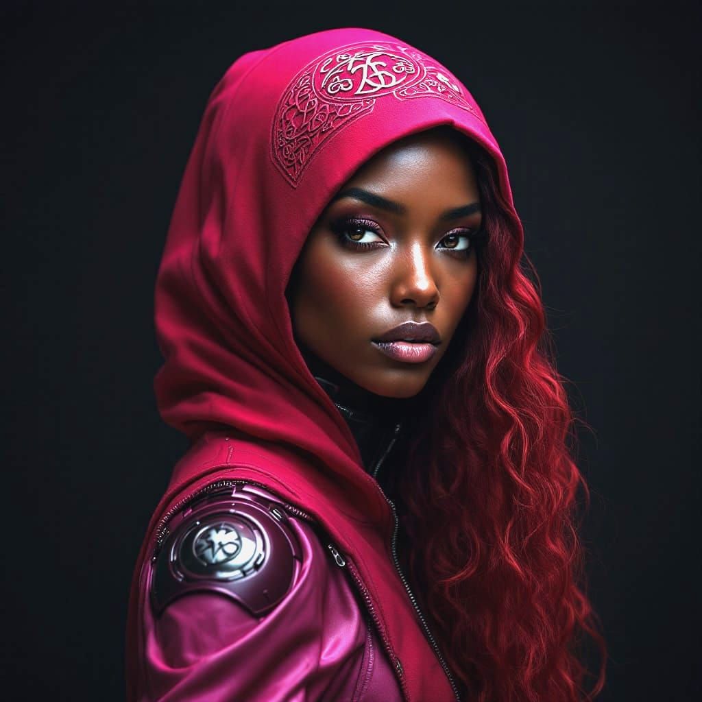 Ethereal Black Woman in Futuristic Celtic Cyborg Attire