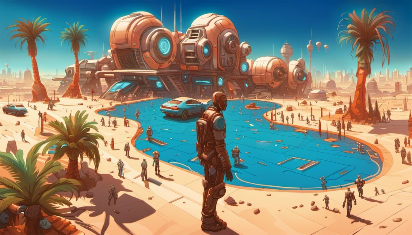 Detailed Neon Cityscape with Robots in Daylight