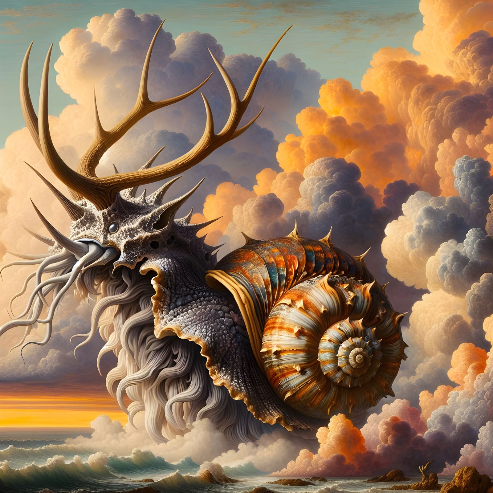 Magnificent Snail-Dragon Emerging from Cumulonimbus Skies