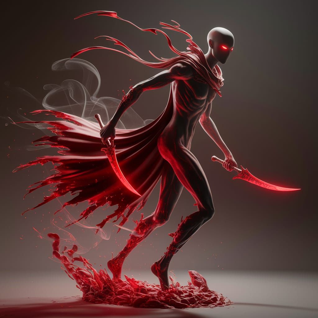 Crimson Shadow Figure with Glowing Daggers in Dark Fantasy