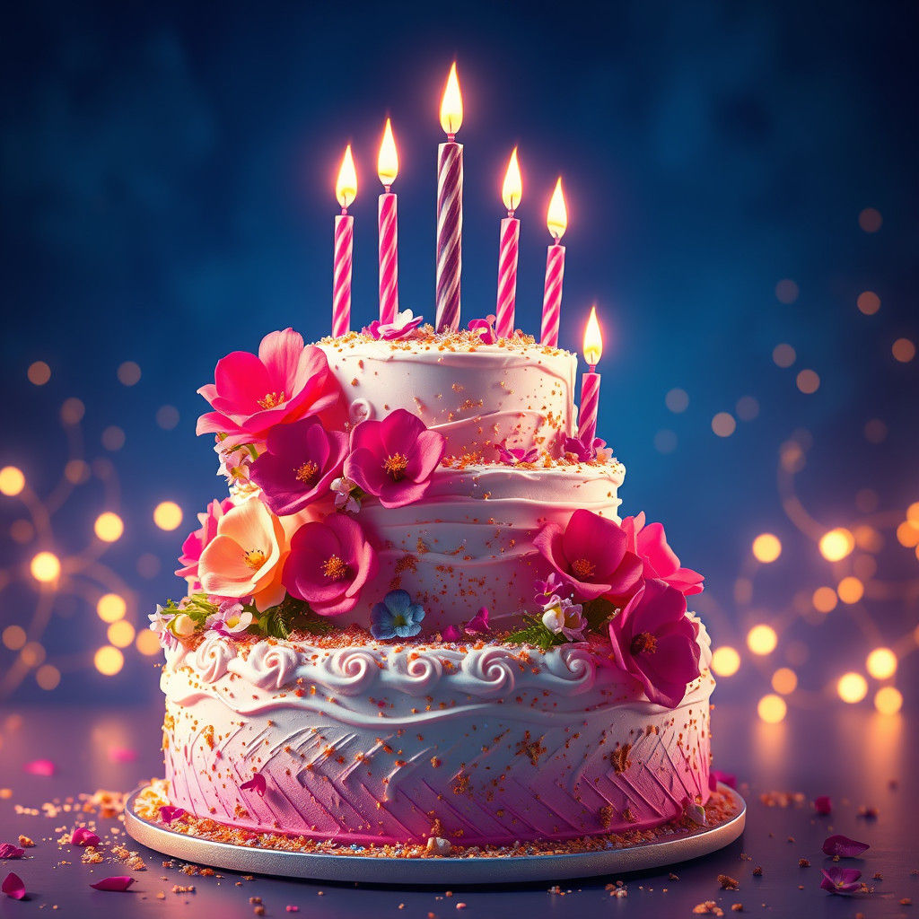 Fantasy Birthday Cake with Flowers in Matte Painting Style