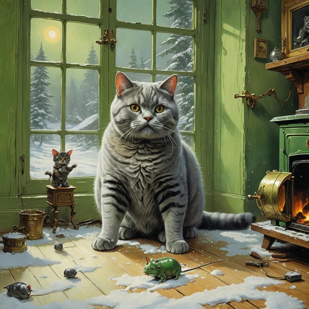 Happy Cat and Mouse in a Warm Room