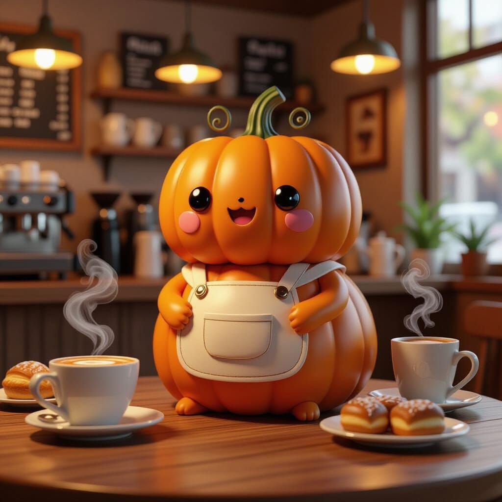 Kawaii Pumpkin in Cozy Coffee Shop, 3D Anime Style