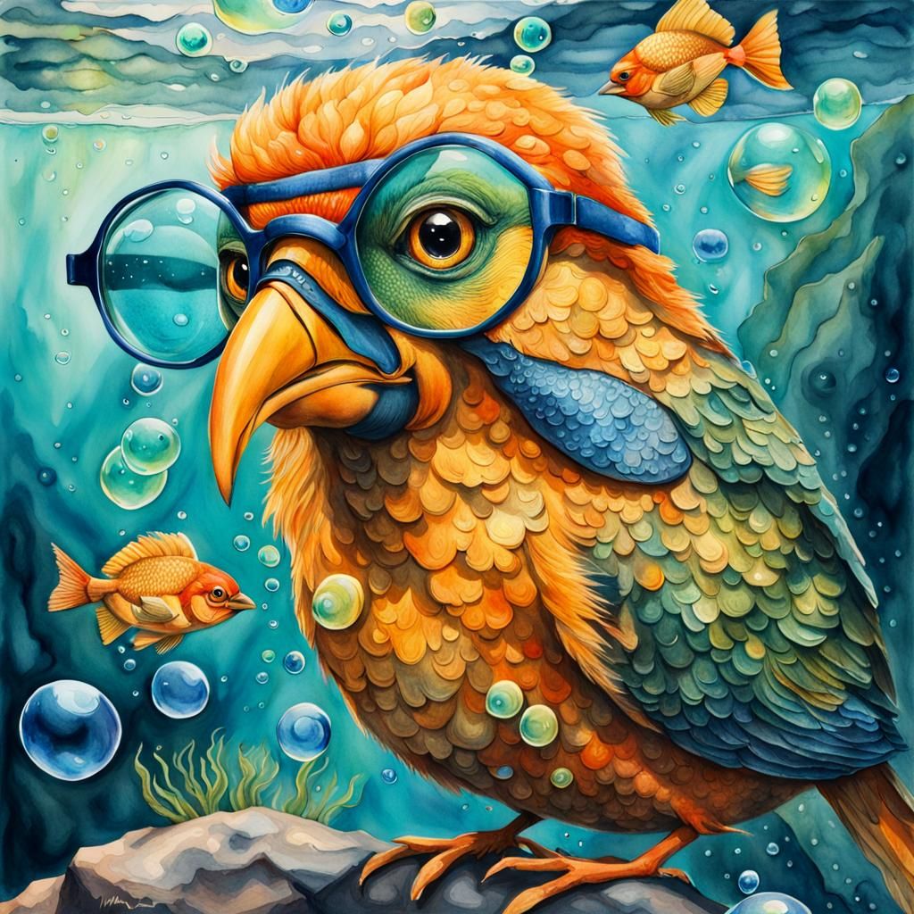 Orange Bird Chats with Fish in Watercolor