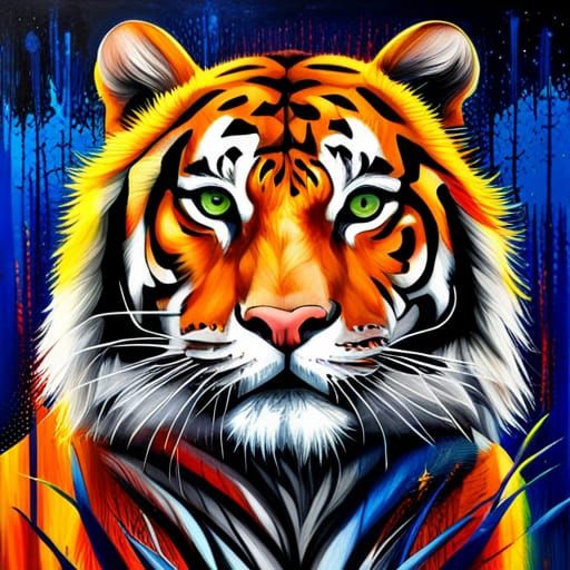 Dramatic Tiger Portrait in Mixed Media Style